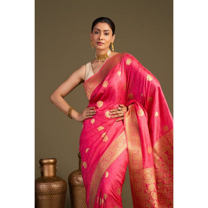 Zal from Benaras Coral Pure Silk Banarasi Handloom Saree without Blouse Piece