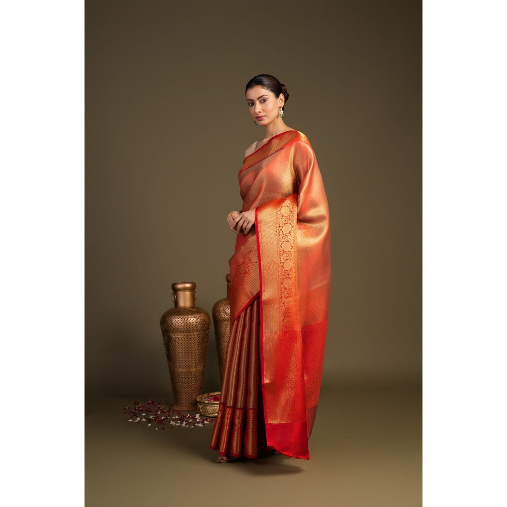 Zal from Benaras Red Zari Brocade Banarasi Handloom Saree without Blouse Piece