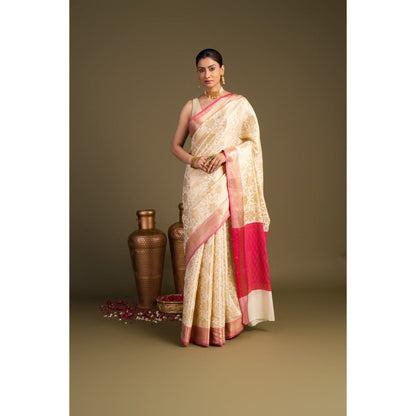 Zal from Benaras Off White Pure Silk Zari Banarasi Handloom Saree without Blouse Piece