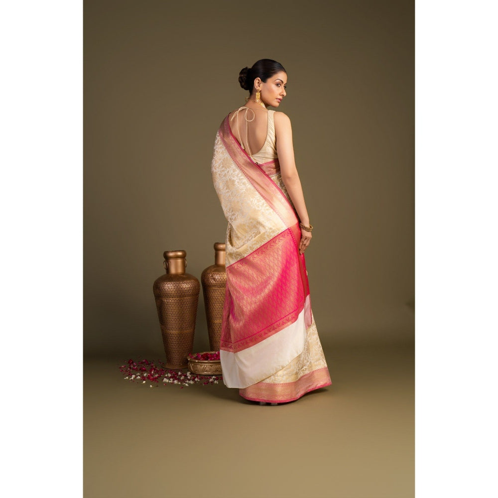 Zal from Benaras Off White Pure Silk Zari Banarasi Handloom Saree without Blouse Piece