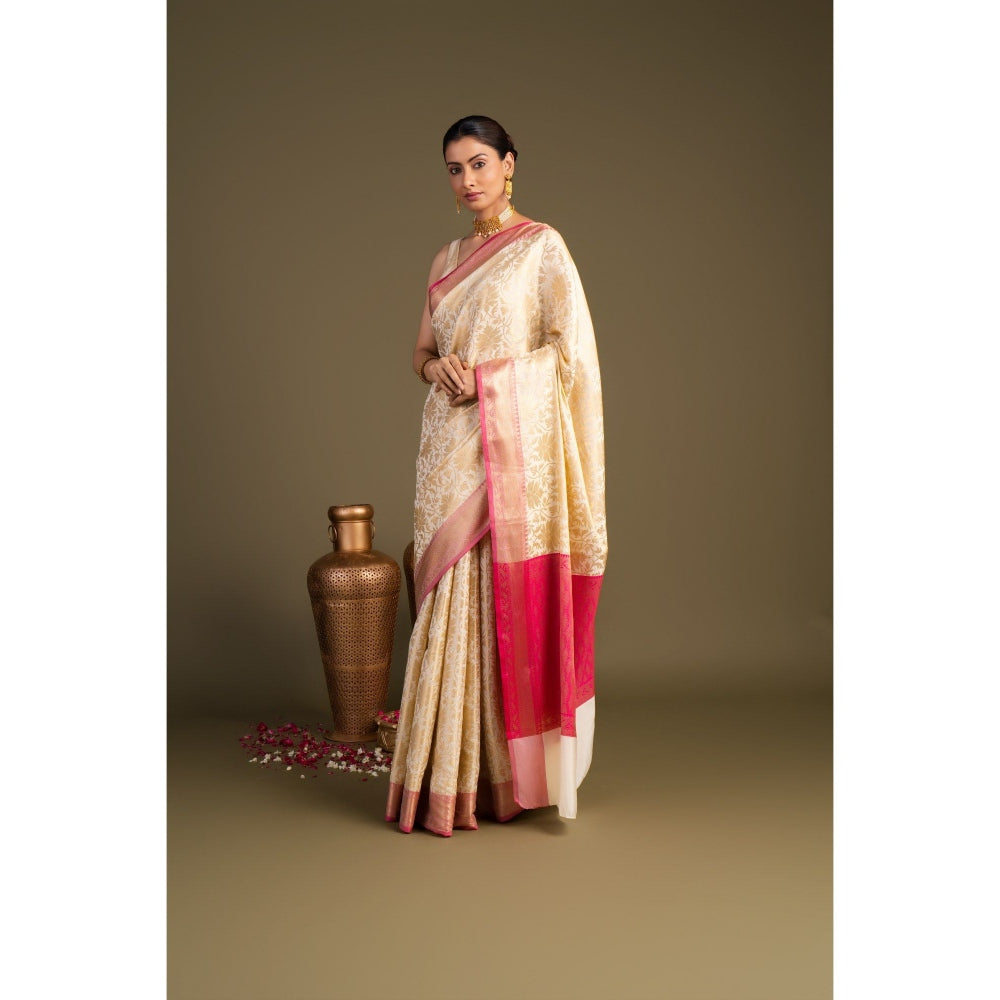 Zal from Benaras Off White Pure Silk Zari Banarasi Handloom Saree without Blouse Piece