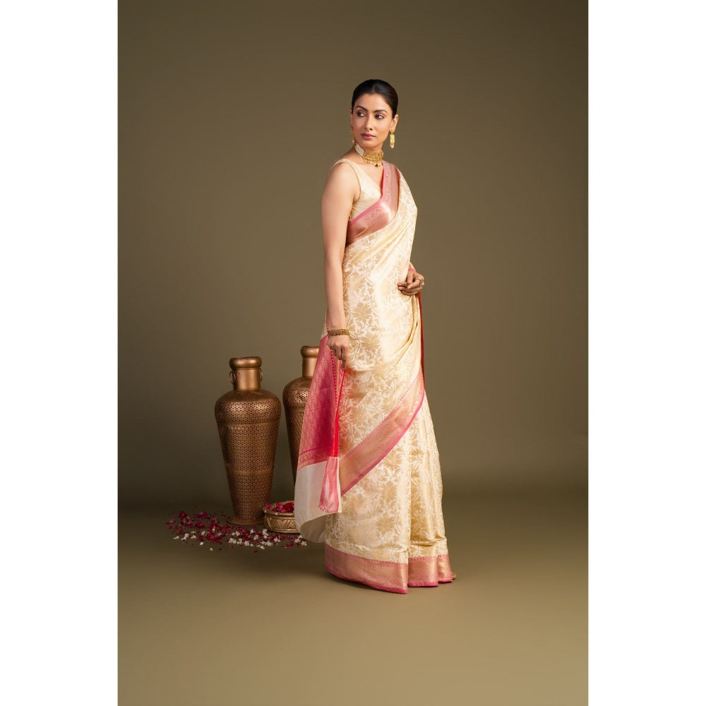 Zal from Benaras Off White Pure Silk Zari Banarasi Handloom Saree without Blouse Piece