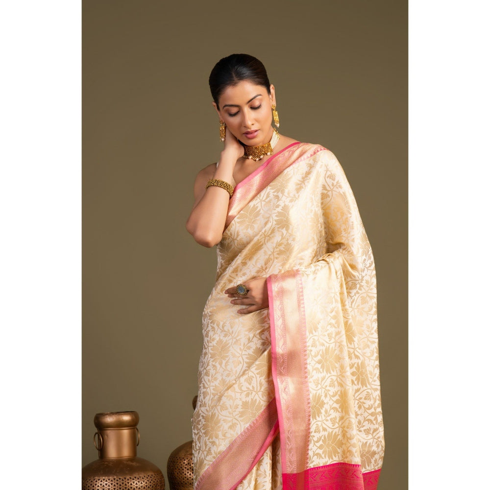 Zal from Benaras Off White Pure Silk Zari Banarasi Handloom Saree without Blouse Piece
