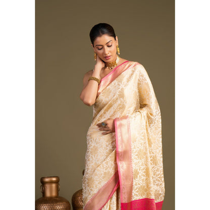 Zal from Benaras Off White Pure Silk Zari Banarasi Handloom Saree without Blouse Piece