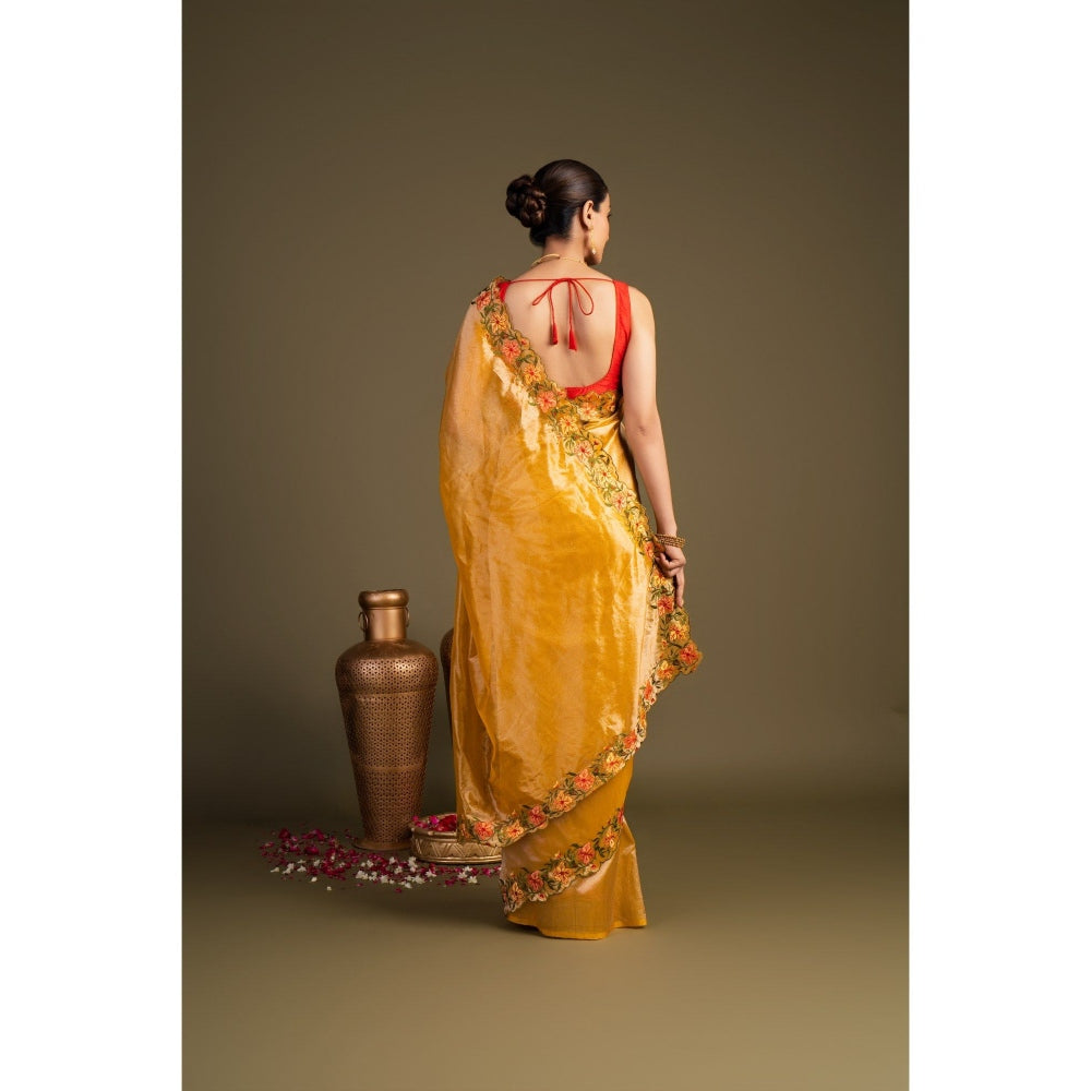 Zal from Benaras Orange Pure Tissue Silk Hand Embroidered Saree without Blouse Piece