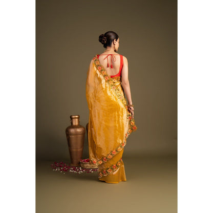 Zal from Benaras Orange Pure Tissue Silk Hand Embroidered Saree without Blouse Piece