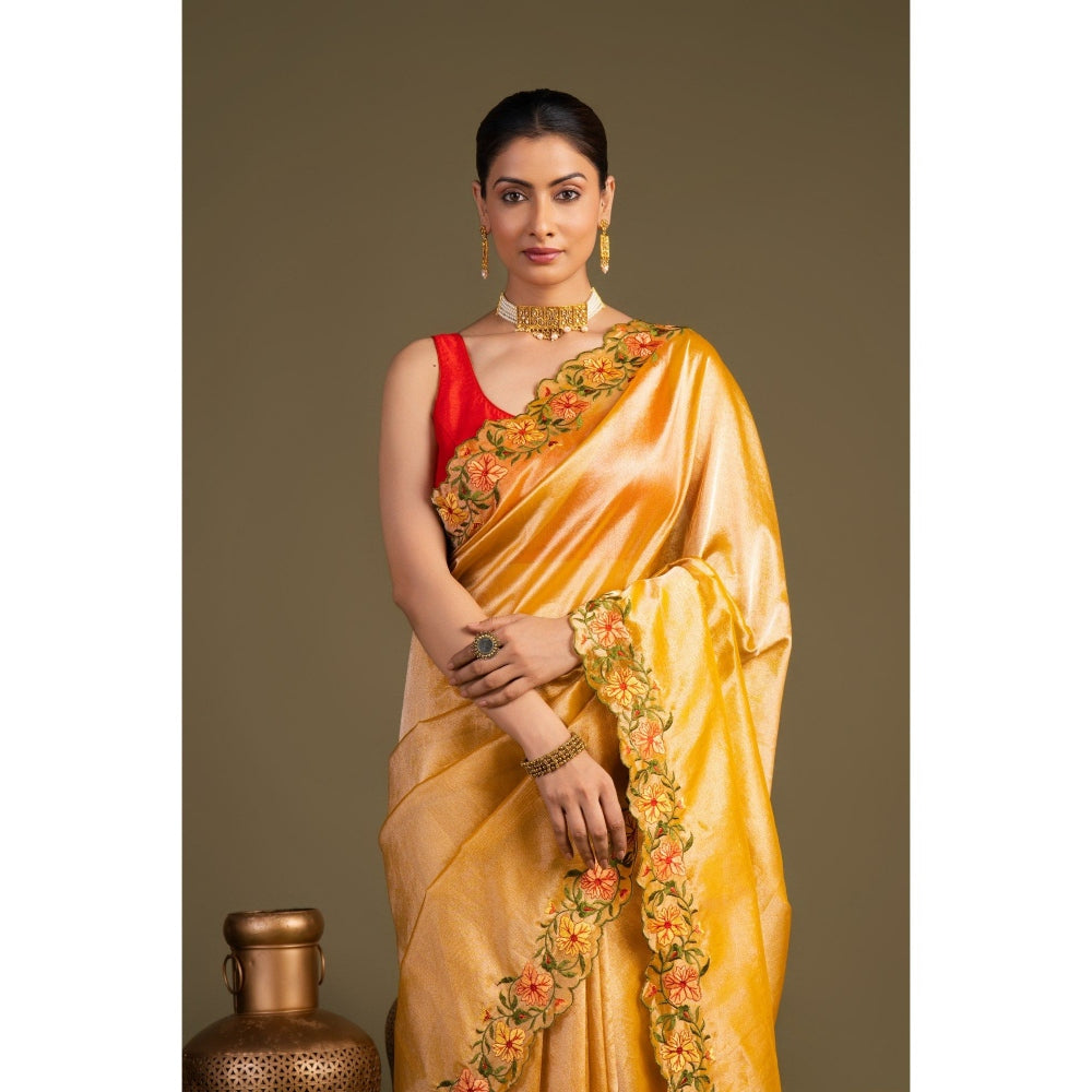 Zal from Benaras Orange Pure Tissue Silk Hand Embroidered Saree without Blouse Piece