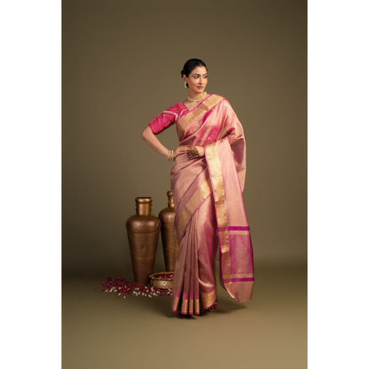 Zal from Benaras Light Pink Tissue Silk Banarasi Handloom Saree without Blouse Piece