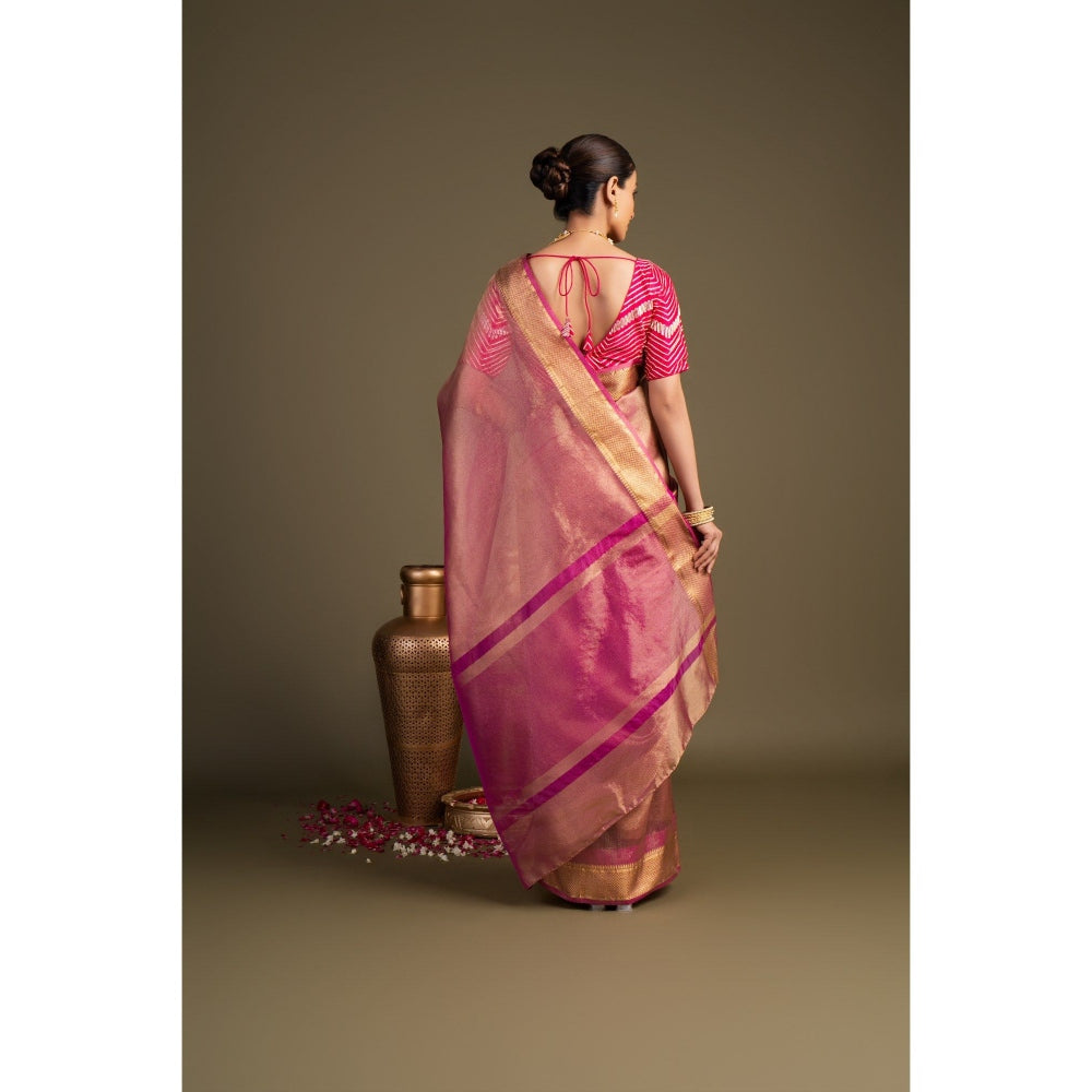 Zal from Benaras Light Pink Tissue Silk Banarasi Handloom Saree without Blouse Piece