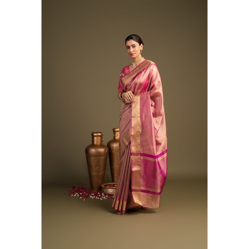 Zal from Benaras Light Pink Tissue Silk Banarasi Handloom Saree without Blouse Piece