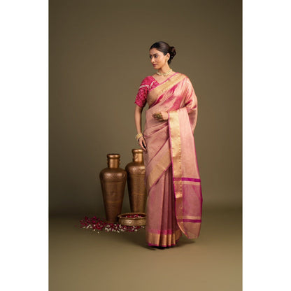 Zal from Benaras Light Pink Tissue Silk Banarasi Handloom Saree without Blouse Piece