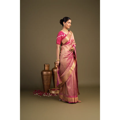 Zal from Benaras Light Pink Tissue Silk Banarasi Handloom Saree without Blouse Piece