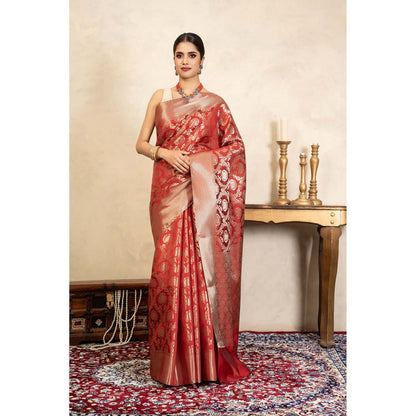 Zal from Benaras Red Pure Silk Banarasi Handloom Saree Without Blouse