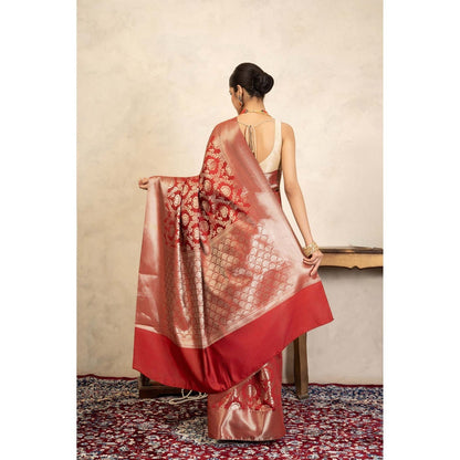 Zal from Benaras Red Pure Silk Banarasi Handloom Saree Without Blouse