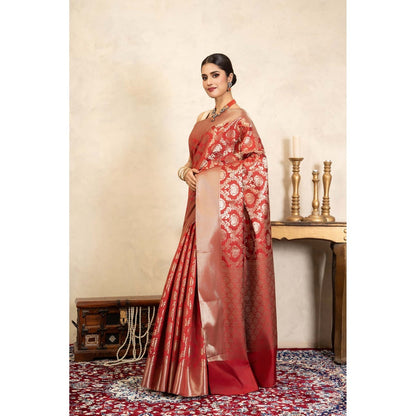 Zal from Benaras Red Pure Silk Banarasi Handloom Saree Without Blouse
