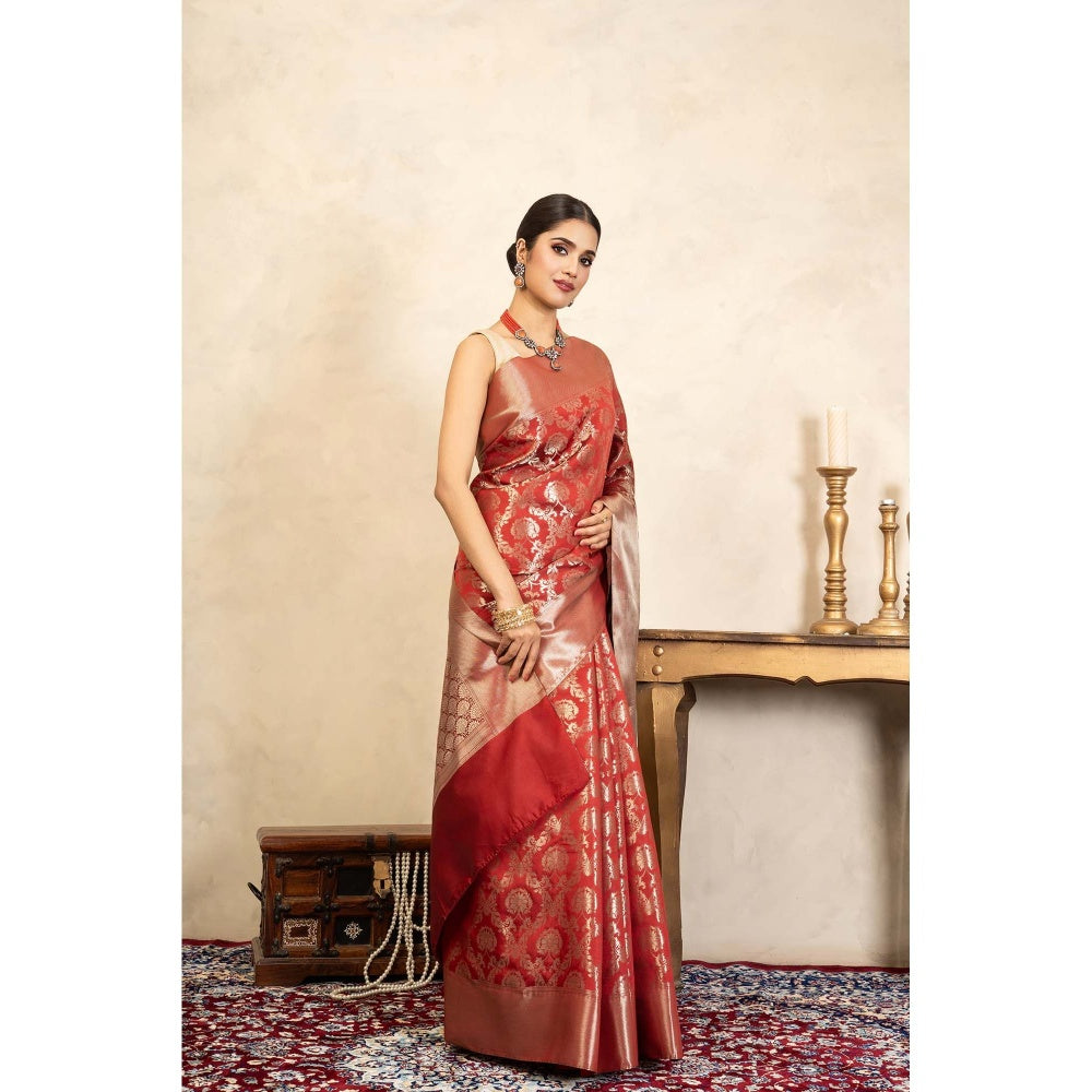 Zal from Benaras Red Pure Silk Banarasi Handloom Saree Without Blouse