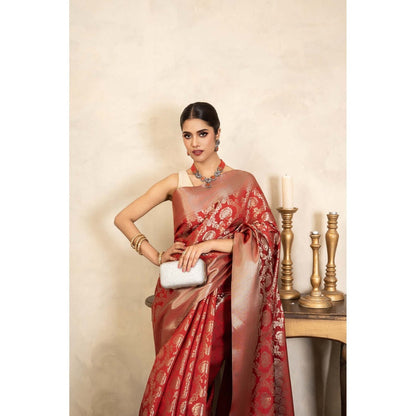 Zal from Benaras Red Pure Silk Banarasi Handloom Saree Without Blouse