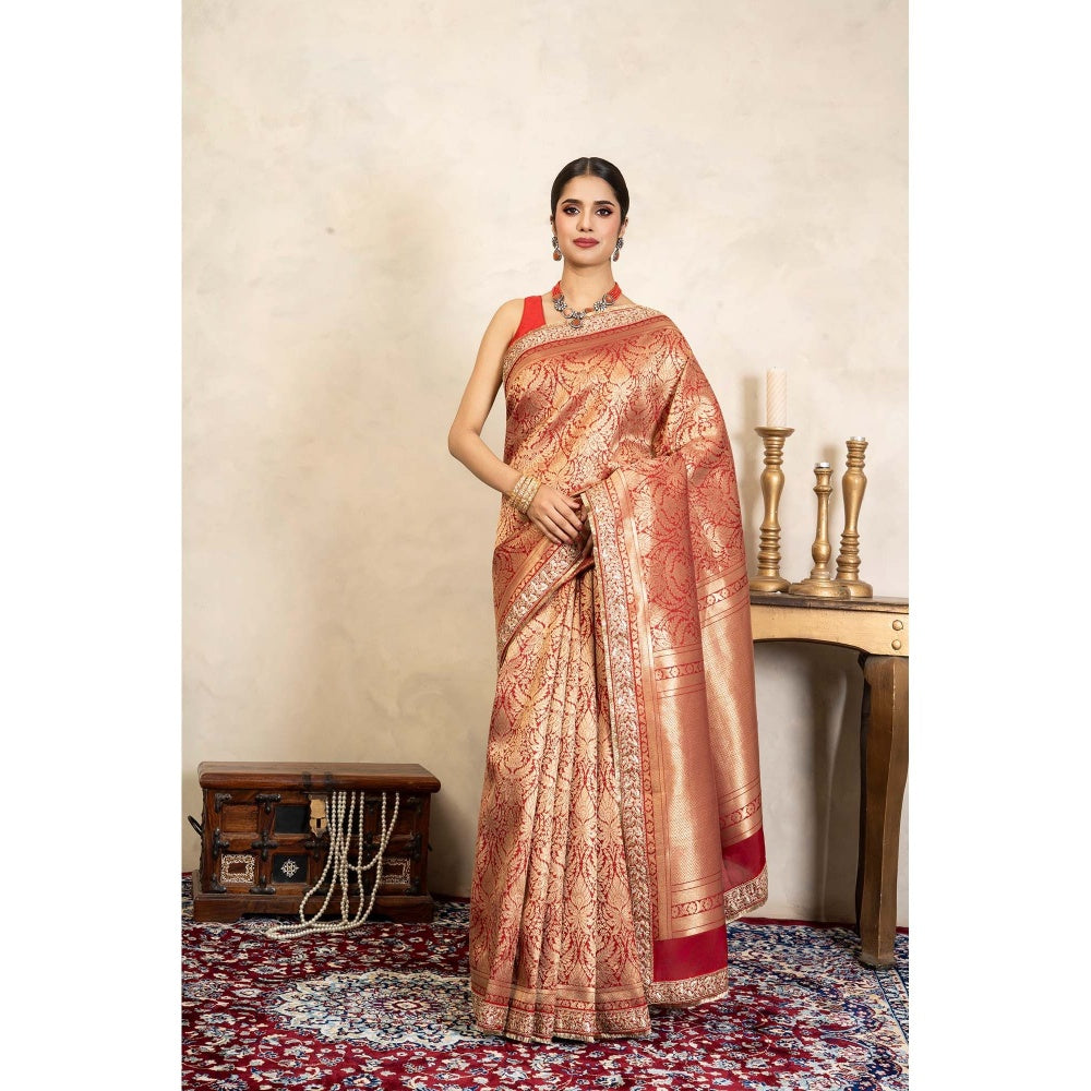 Zal from Benaras Red Pure Silk Brocade Banarasi Handloom Saree Without Blouse