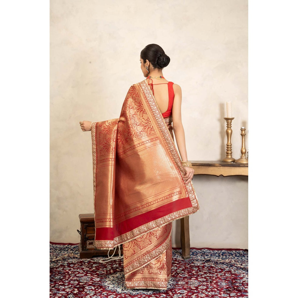 Zal from Benaras Red Pure Silk Brocade Banarasi Handloom Saree Without Blouse