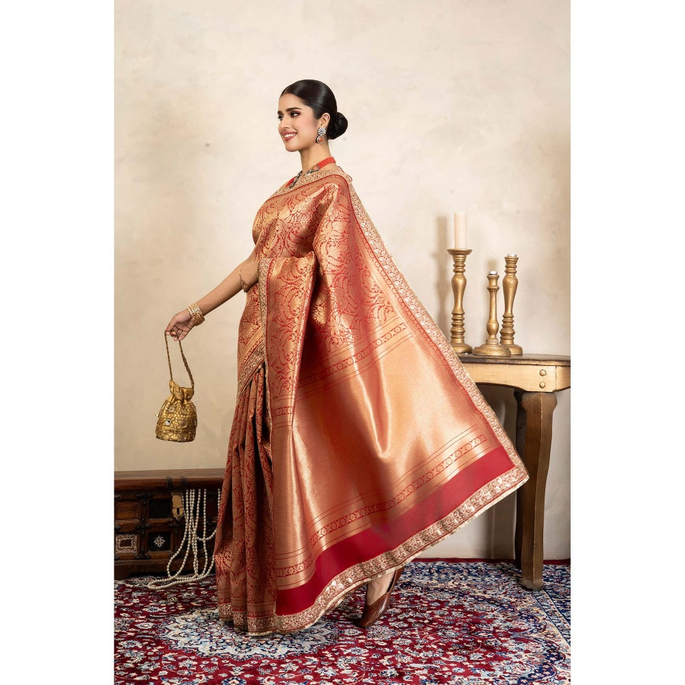 Zal from Benaras Red Pure Silk Brocade Banarasi Handloom Saree Without Blouse