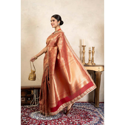 Zal from Benaras Red Pure Silk Brocade Banarasi Handloom Saree Without Blouse