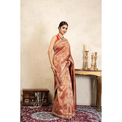Zal from Benaras Red Pure Silk Brocade Banarasi Handloom Saree Without Blouse