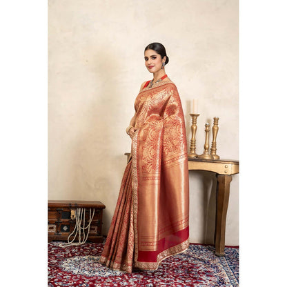 Zal from Benaras Red Pure Silk Brocade Banarasi Handloom Saree Without Blouse