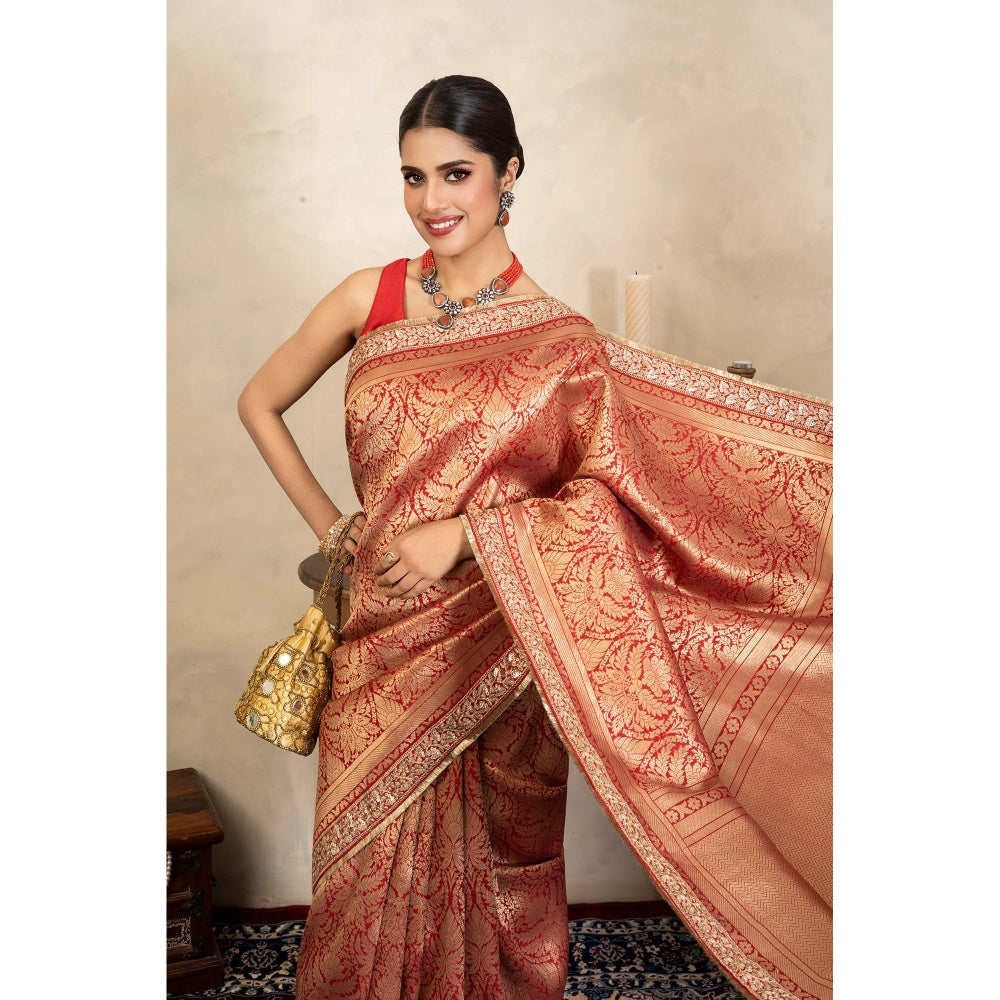 Zal from Benaras Red Pure Silk Brocade Banarasi Handloom Saree Without Blouse