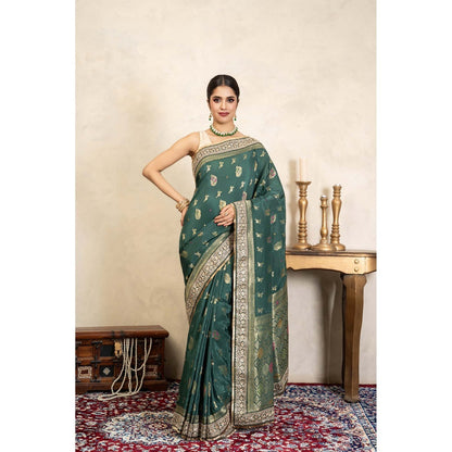 Zal from Benaras Teal Green Pure Katan Silk Banarasi Handloom Saree Without Blouse