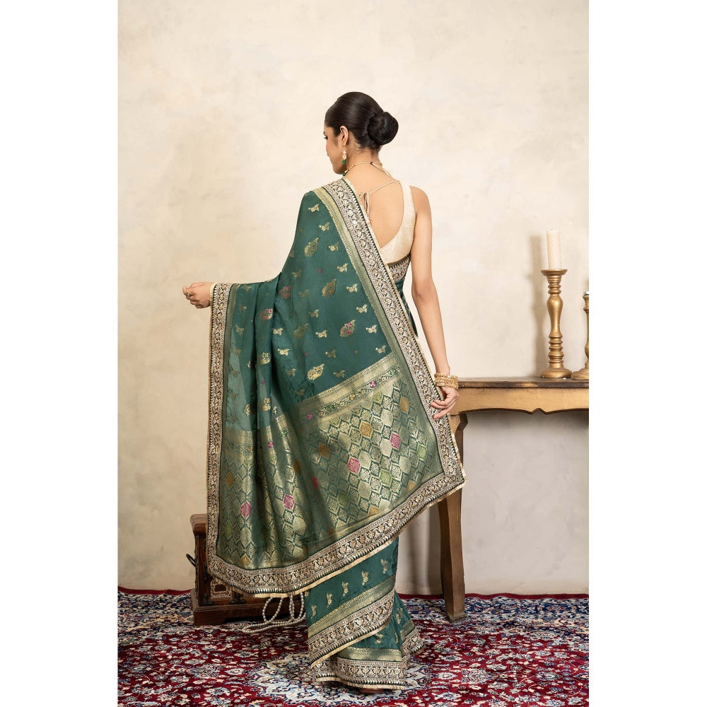 Zal from Benaras Teal Green Pure Katan Silk Banarasi Handloom Saree Without Blouse