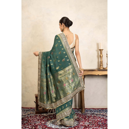 Zal from Benaras Teal Green Pure Katan Silk Banarasi Handloom Saree Without Blouse
