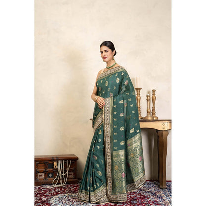 Zal from Benaras Teal Green Pure Katan Silk Banarasi Handloom Saree Without Blouse