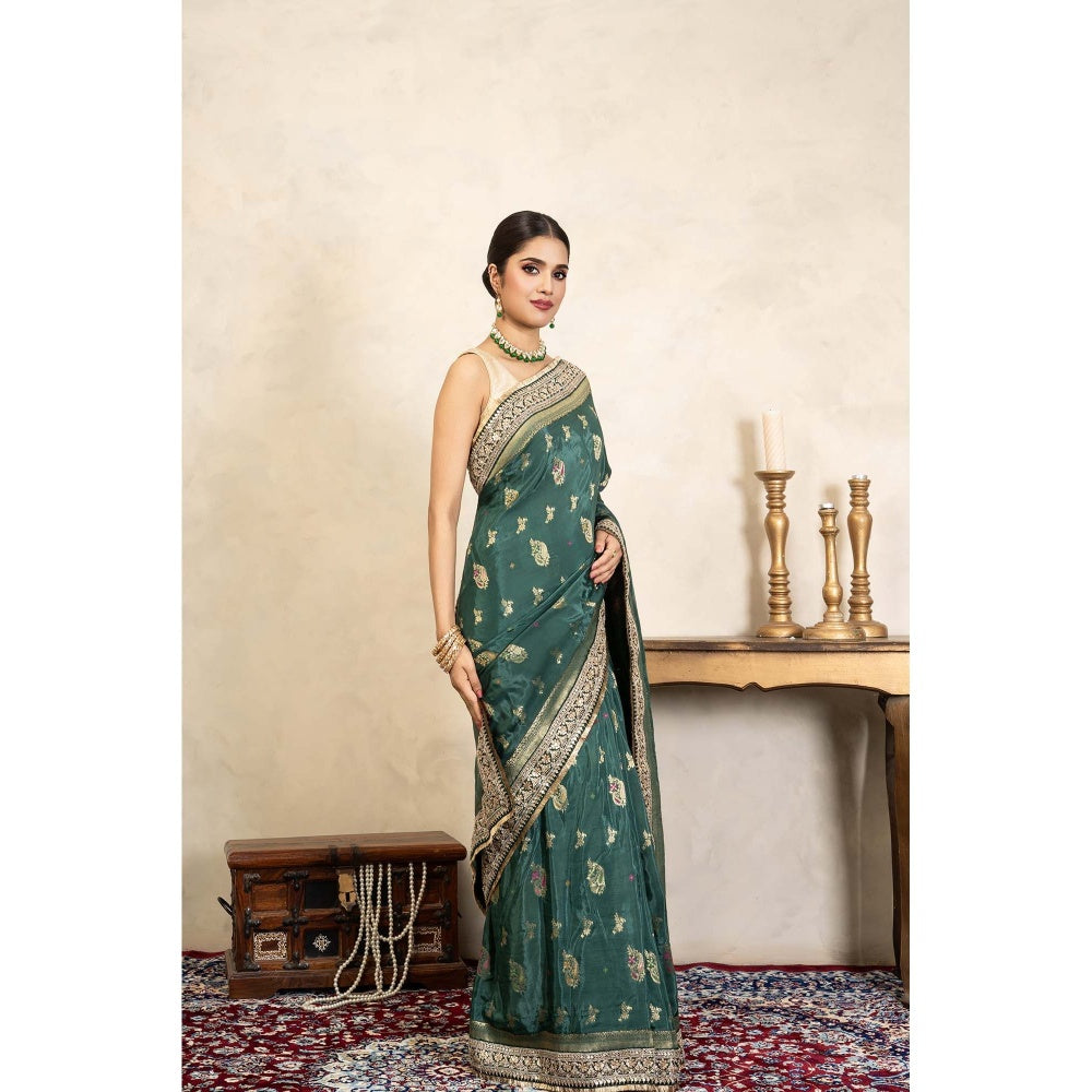 Zal from Benaras Teal Green Pure Katan Silk Banarasi Handloom Saree Without Blouse