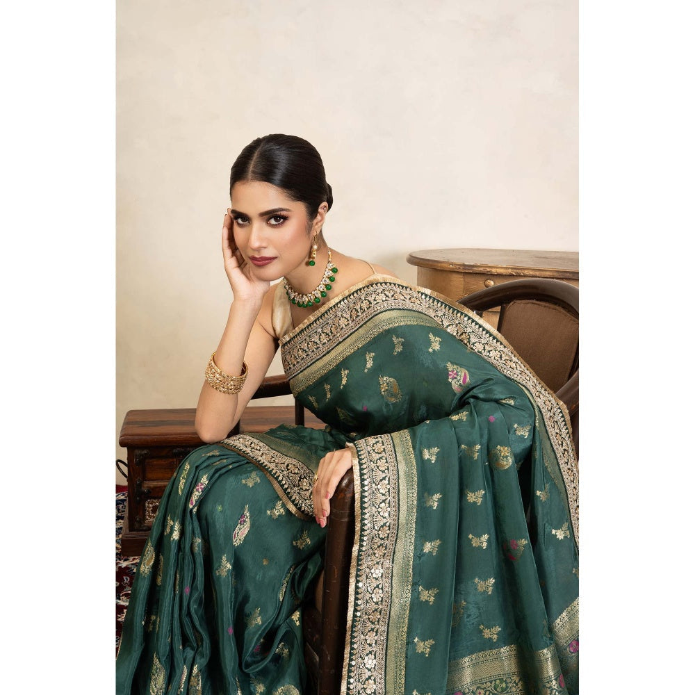 Zal from Benaras Teal Green Pure Katan Silk Banarasi Handloom Saree Without Blouse