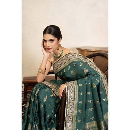 Zal from Benaras Teal Green Pure Katan Silk Banarasi Handloom Saree Without Blouse