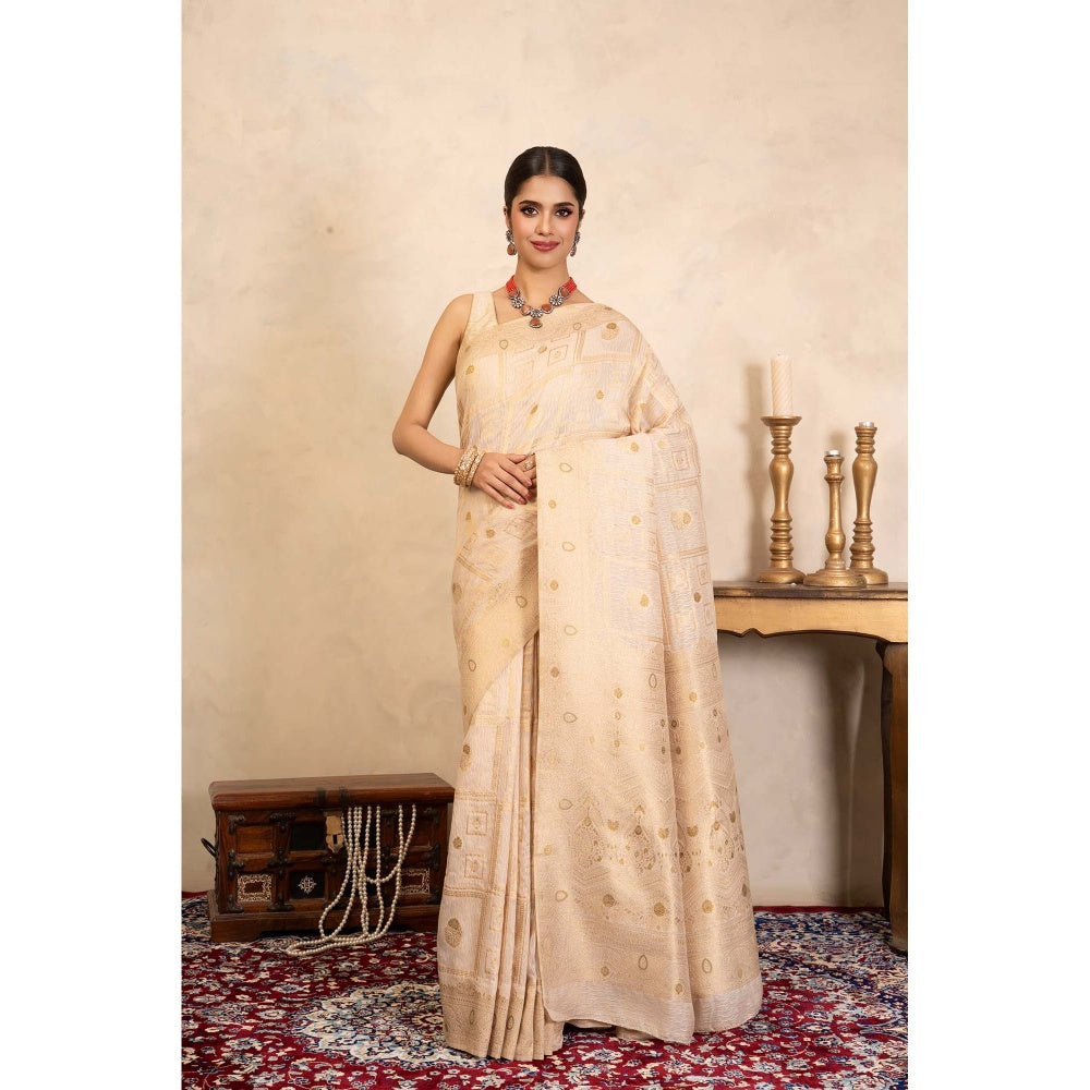 Zal from Benaras Beige Pure Silk Banarasi Handloom Saree Without Blouse