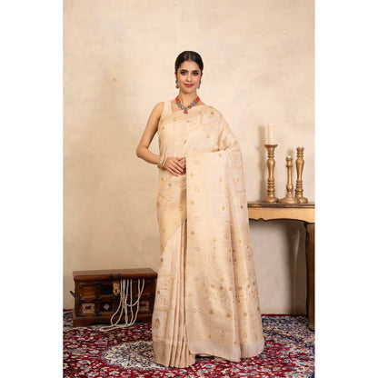Zal from Benaras Beige Pure Silk Banarasi Handloom Saree Without Blouse