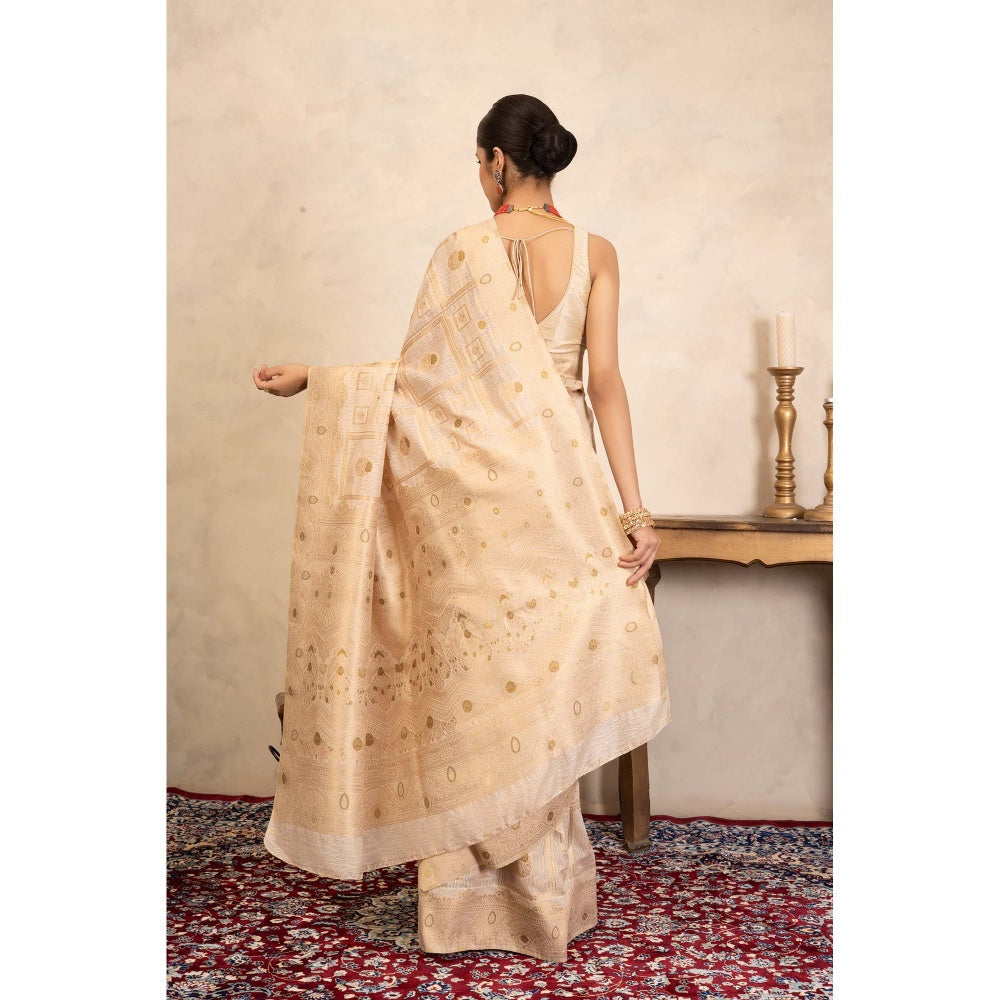 Zal from Benaras Beige Pure Silk Banarasi Handloom Saree Without Blouse