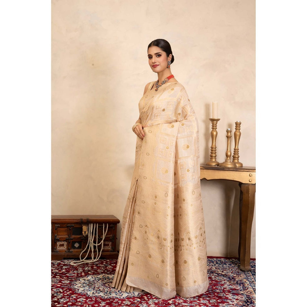 Zal from Benaras Beige Pure Silk Banarasi Handloom Saree Without Blouse
