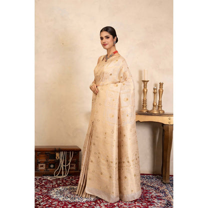 Zal from Benaras Beige Pure Silk Banarasi Handloom Saree Without Blouse