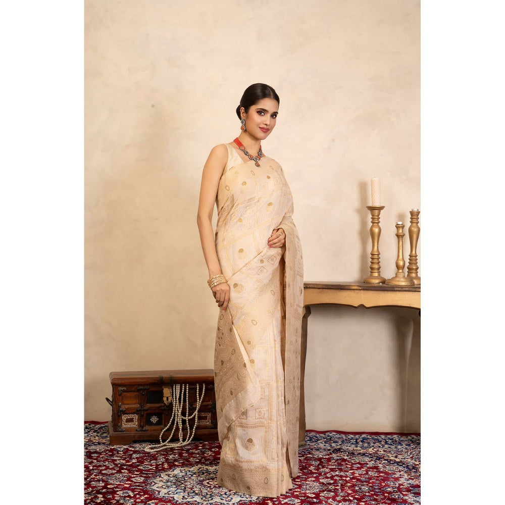 Zal from Benaras Beige Pure Silk Banarasi Handloom Saree Without Blouse