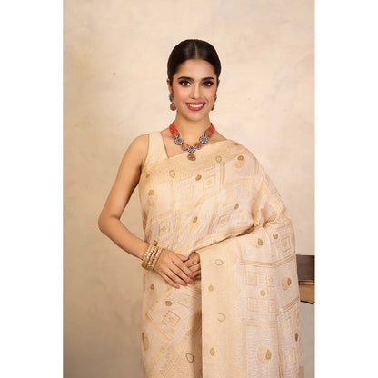 Zal from Benaras Beige Pure Silk Banarasi Handloom Saree Without Blouse