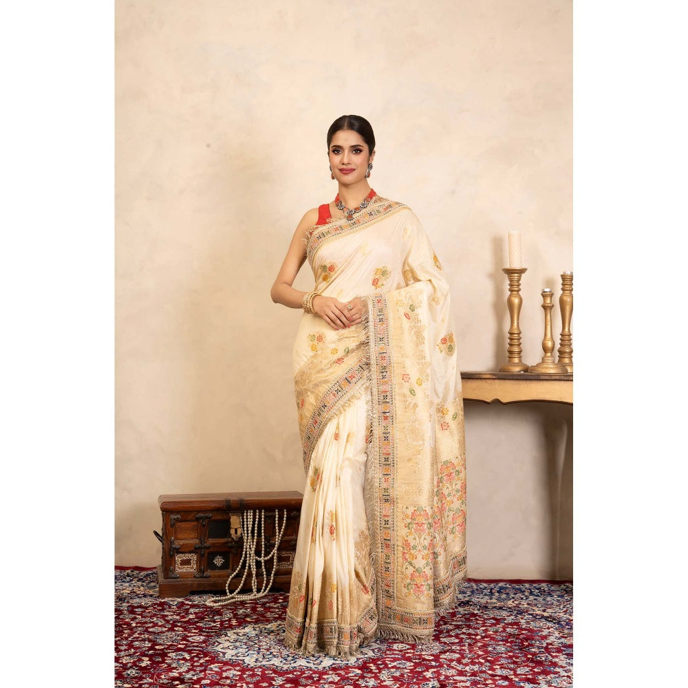 Zal from Benaras Cream Pure Katan Silk Banarasi Handloom Saree Without Blouse