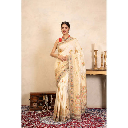 Zal from Benaras Cream Pure Katan Silk Banarasi Handloom Saree Without Blouse