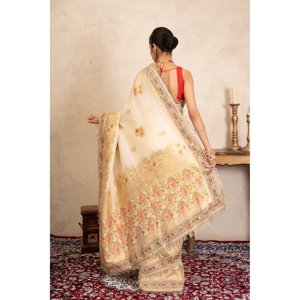 Zal from Benaras Cream Pure Katan Silk Banarasi Handloom Saree Without Blouse