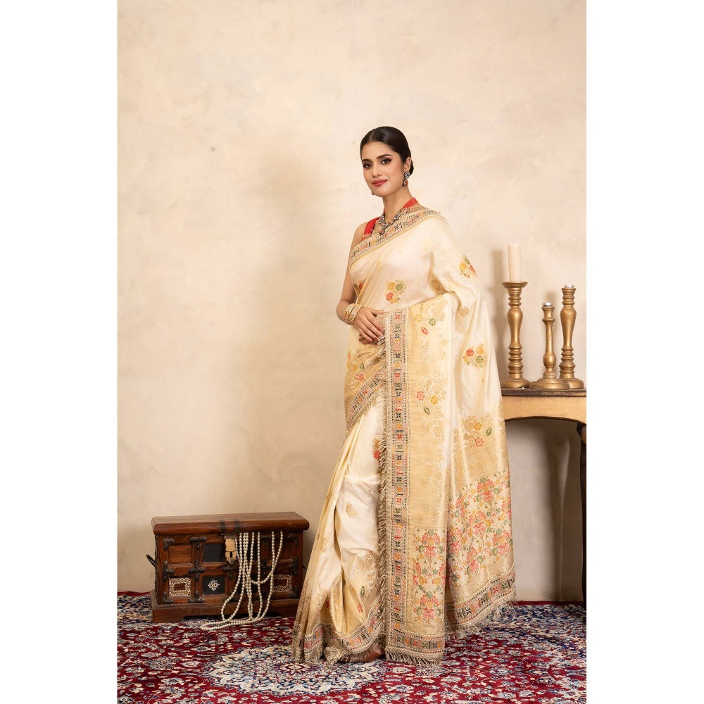 Zal from Benaras Cream Pure Katan Silk Banarasi Handloom Saree Without Blouse