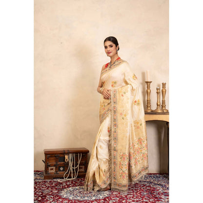 Zal from Benaras Cream Pure Katan Silk Banarasi Handloom Saree Without Blouse