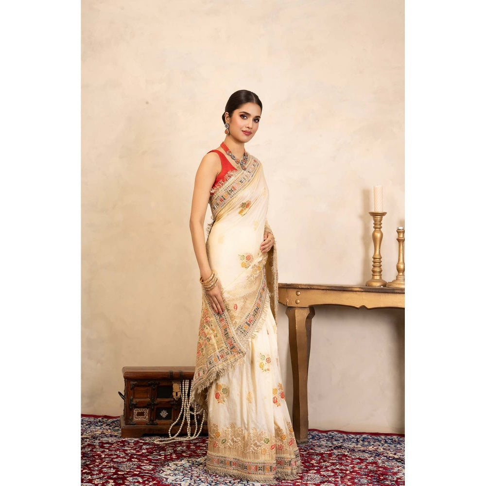 Zal from Benaras Cream Pure Katan Silk Banarasi Handloom Saree Without Blouse