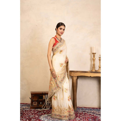 Zal from Benaras Cream Pure Katan Silk Banarasi Handloom Saree Without Blouse