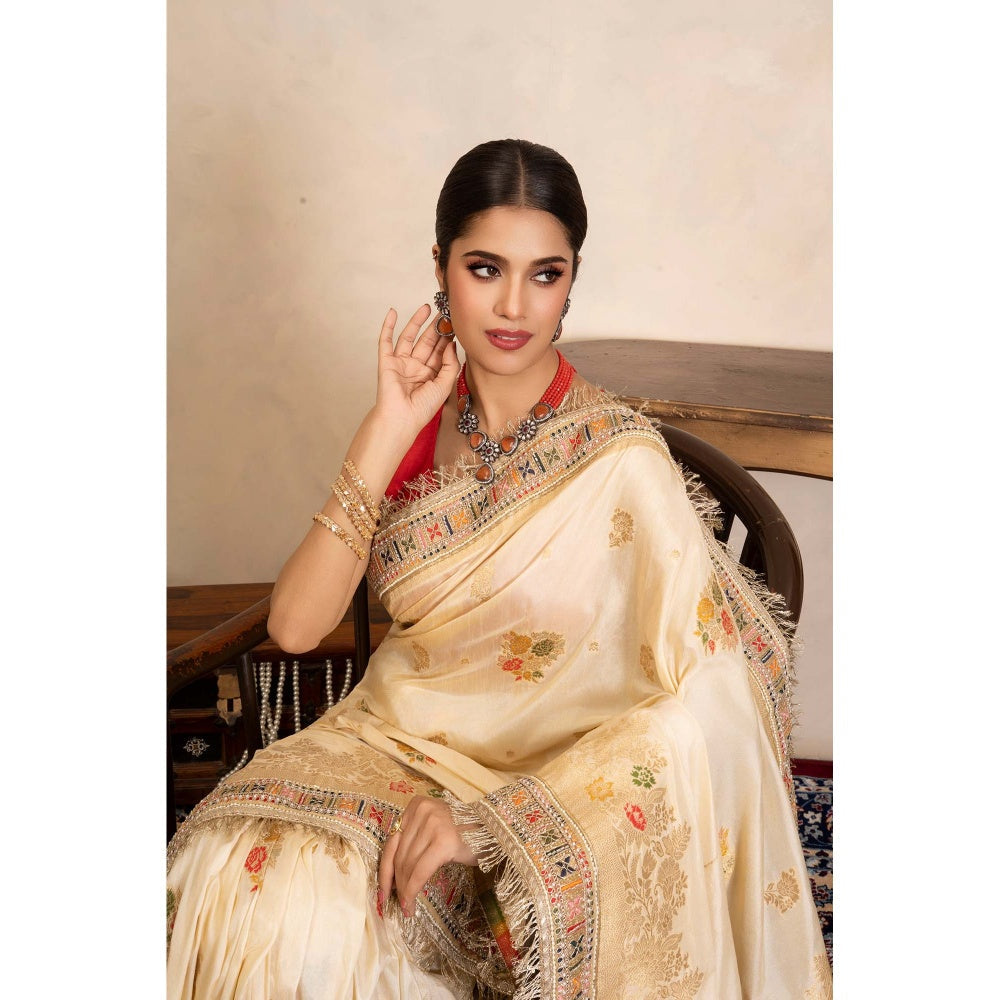 Zal from Benaras Cream Pure Katan Silk Banarasi Handloom Saree Without Blouse